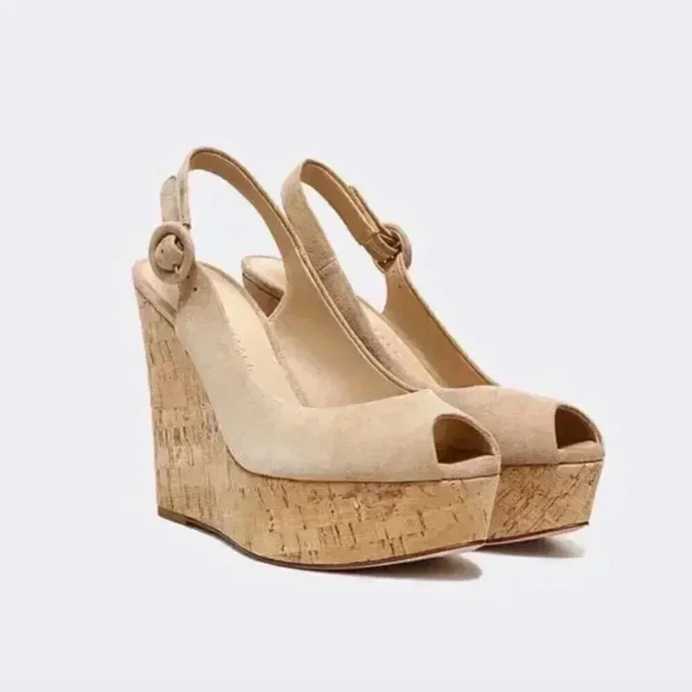 NWB Veronica Beard Dali Suede Leather Cork Wedge Open Toe Heels Sand Size 9.5